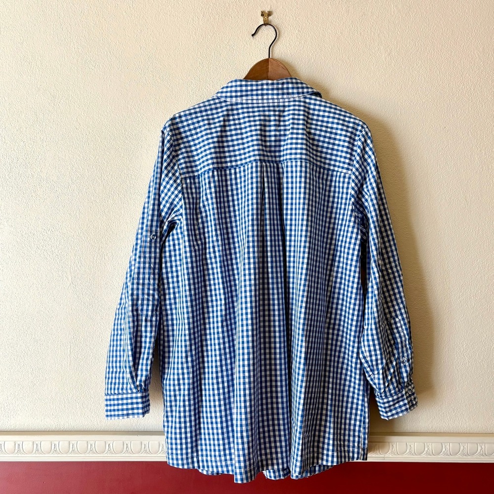 Joan Rivers Cotton Poplin Gingham Button Up Tunic Top Size 1X Blue White Pockets - Picture 10 of 12